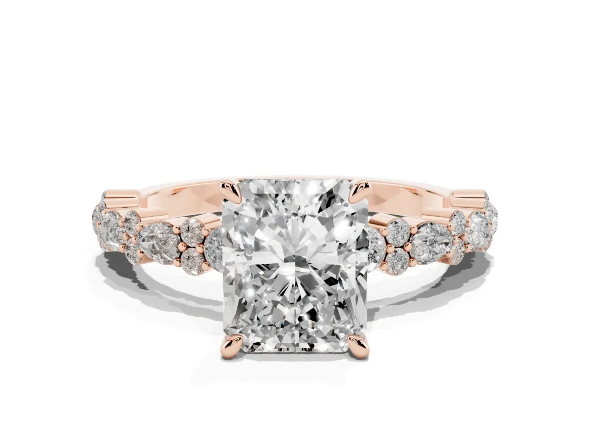 Radiant Cut Diamond Side Stone Solitaire Ring with Round and Four-Prong Setting Rose gold