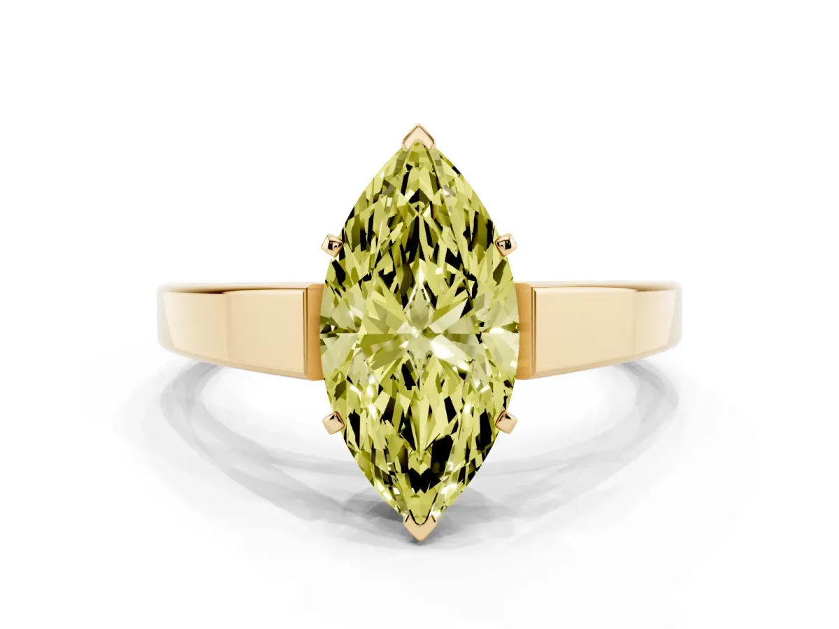 Fancy Yellow Marquise Cut Solitaire Engagement Ring with Four-Prong Setting and Tapered Band Yellow gold