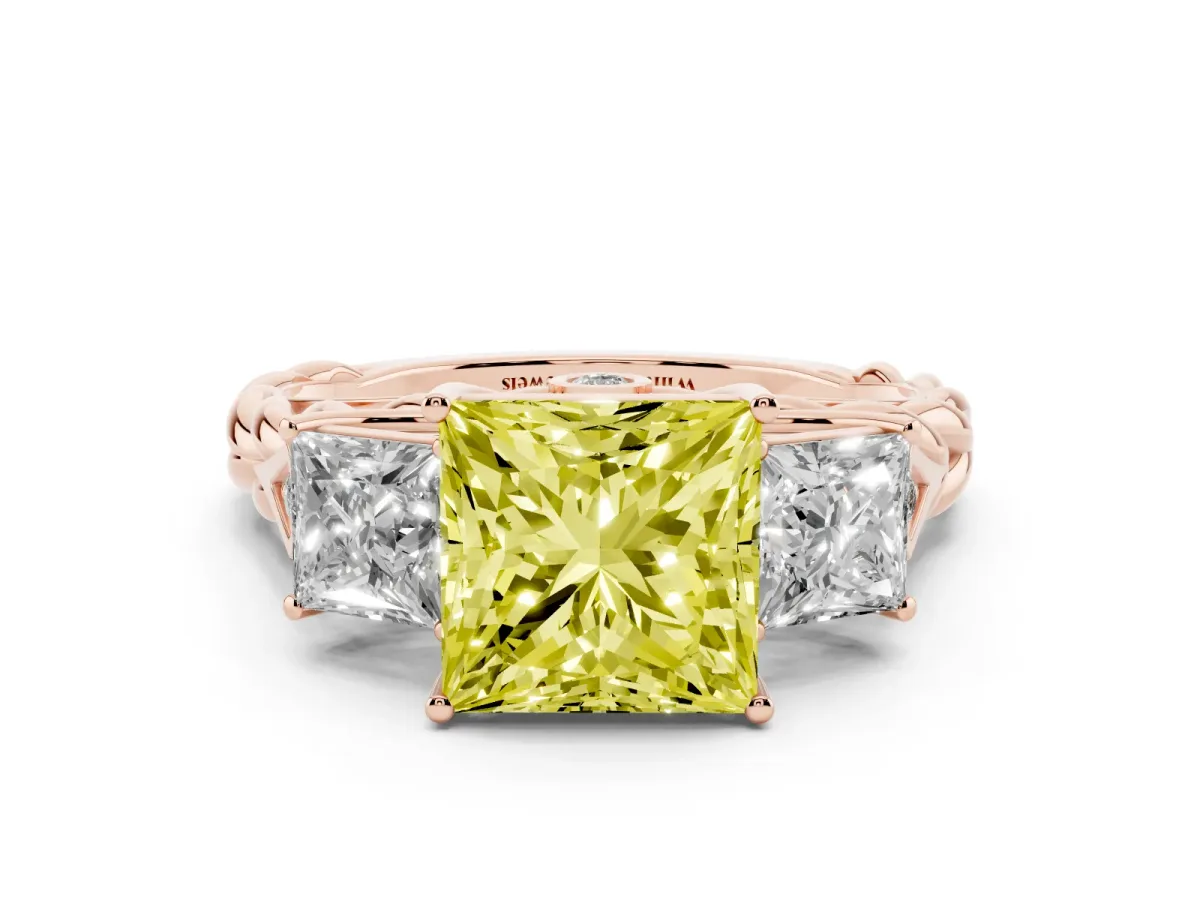 Fancy Yellow Three-Stone Princess Cut Diamond Braided Band Ring with Four-Prong Setting Rose gold
