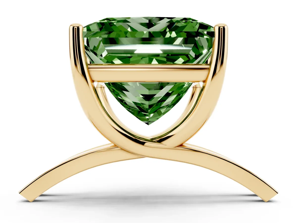 Fancy Green Princess Cut Cut Diamond Solitaire Engagement Ring with Tapered Plain Band and Four-Prong Setting Yellow gold