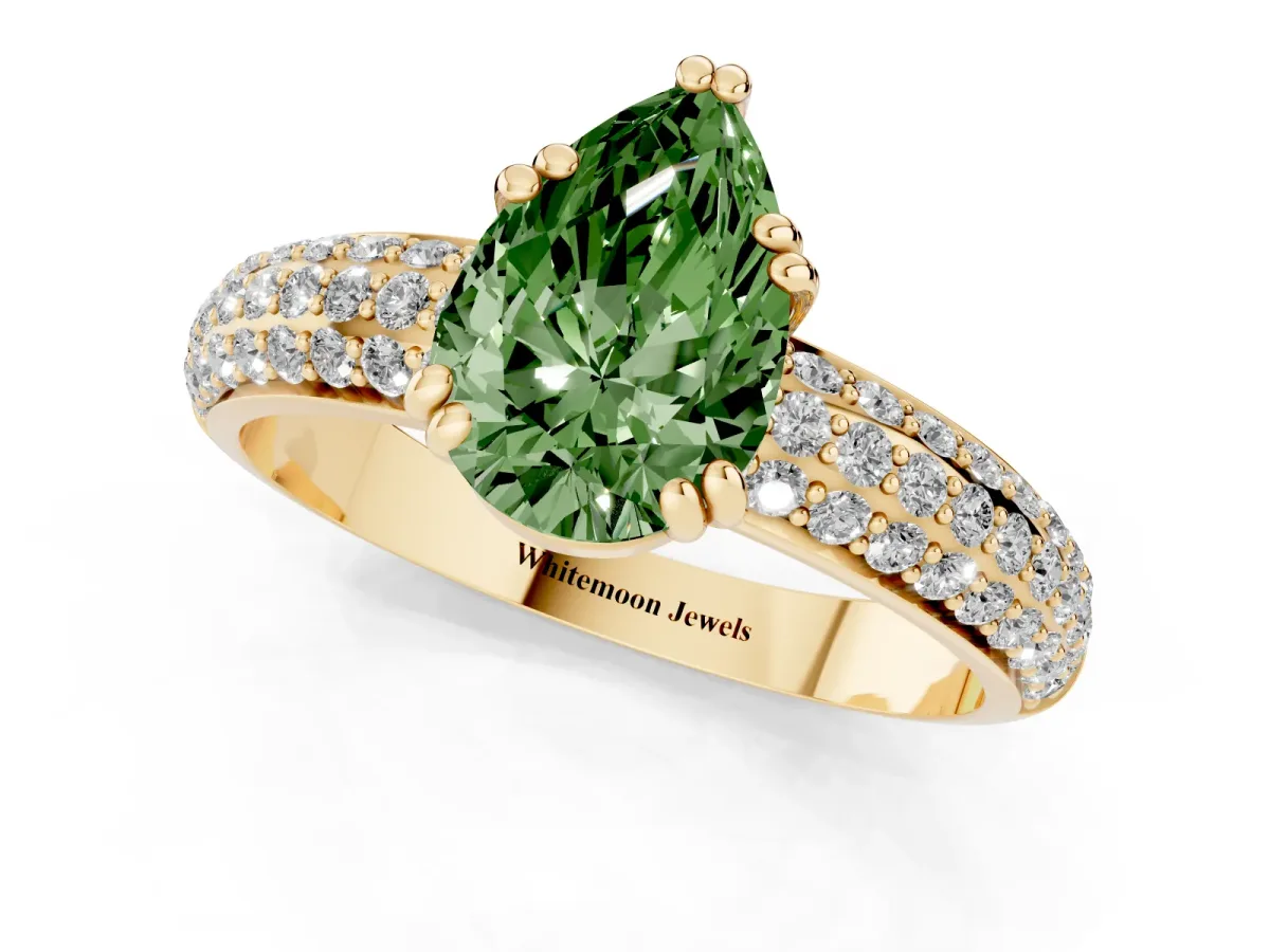 Fancy Green Pear Cut Diamond Solitaire Ring with Multi-Row Round Pavé Band and Prong Setting Yellow gold
