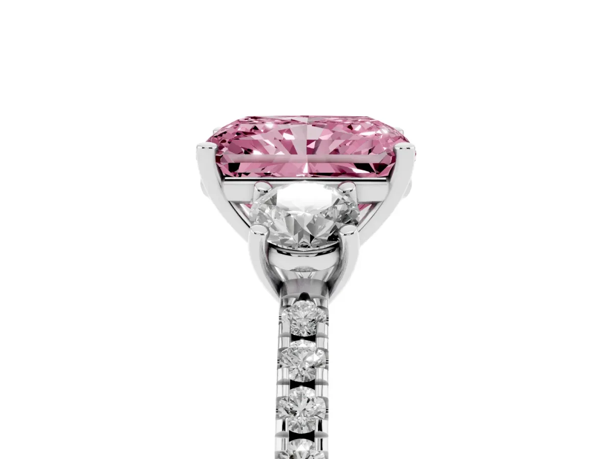 Fancy Pink Three-Stone Radiant Cut Cut Diamond Pavé Band with Prong Setting Silver