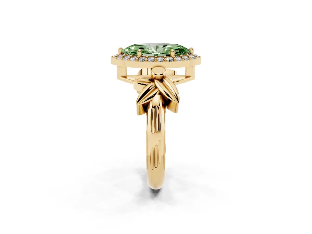 Fancy Green Marquise Cut Halo Diamond Floral Band with Four-Prong Setting Yellow gold