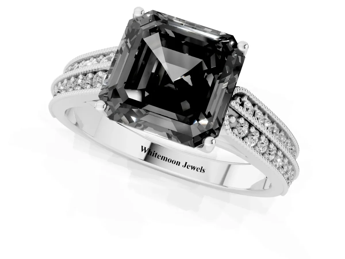 Fancy Black Asscher Cut Cut Pave Split Shank Engagement Ring with Four-Prong Setting White gold