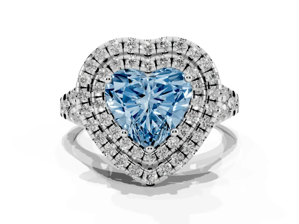 Fancy Blue Double Halo Heart Cut Diamond Pavé Split Shank Ring with Prong Setting Platinum