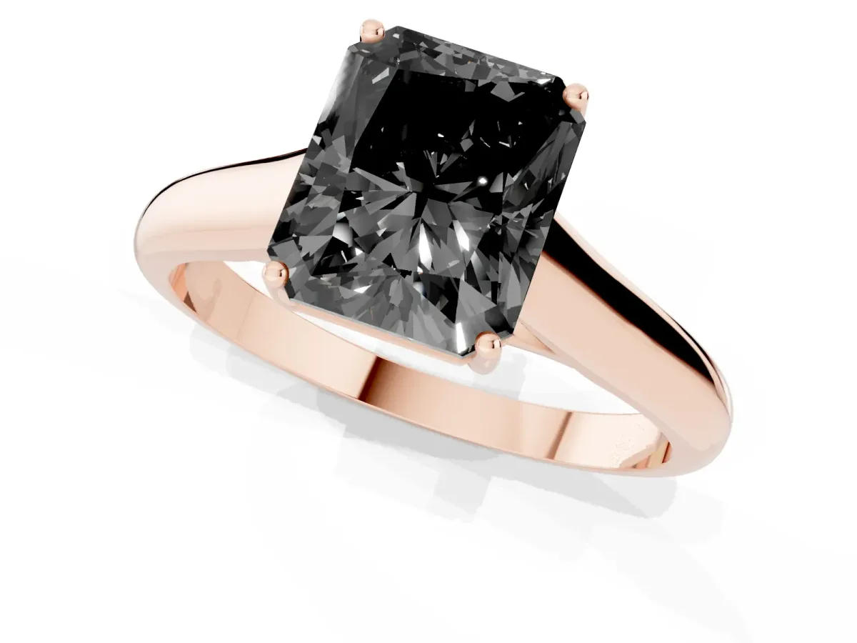 Fancy Black Radiant Cut Solitaire Engagement Ring with Tapered Band and Four-Prong Setting Rose gold
