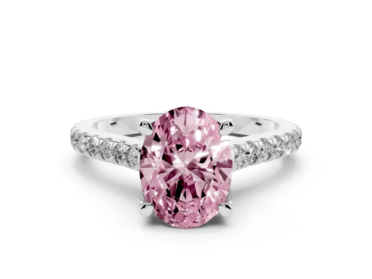 Fancy Pink Oval Cut Brilliant Diamond Solitaire with Pavé Band and Four-Prong Setting Silver