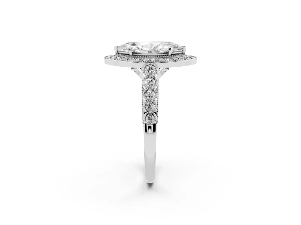 Marquise Cut Halo Milgrain Solitaire with Bezel Set Side Stones and Pave Band Silver