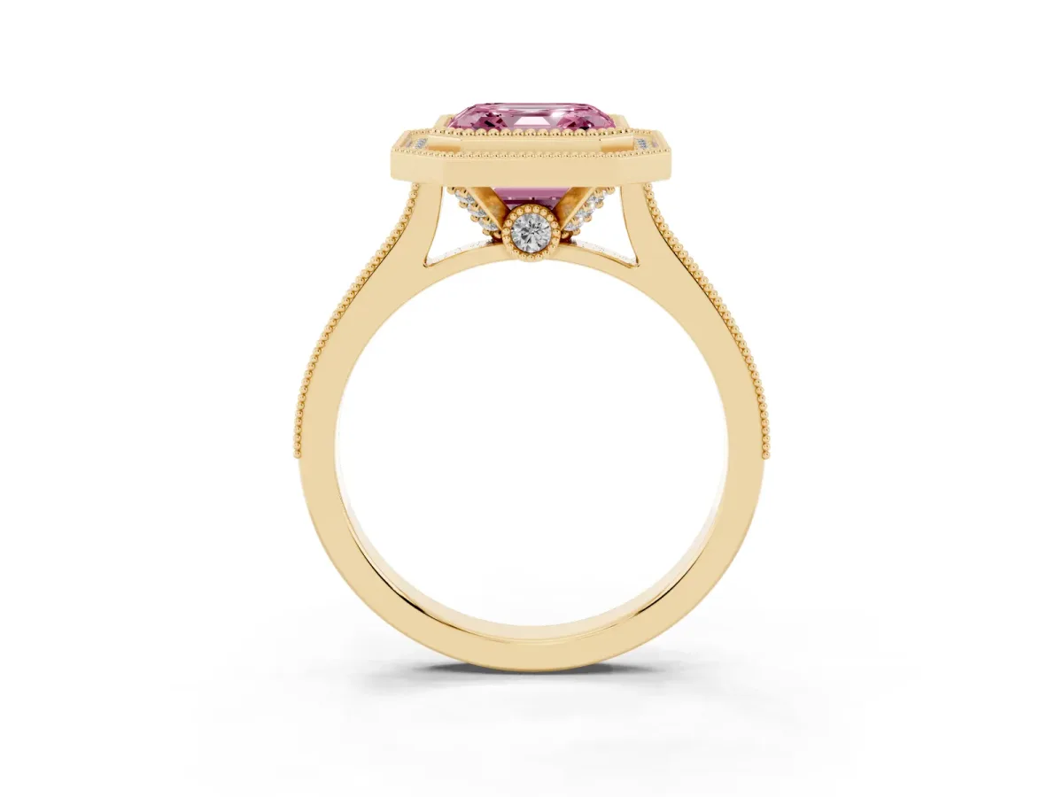 Fancy Pink Halo Asscher Cut-Cut Diamond Pave Band Milgrain Prong Setting Ring Yellow gold