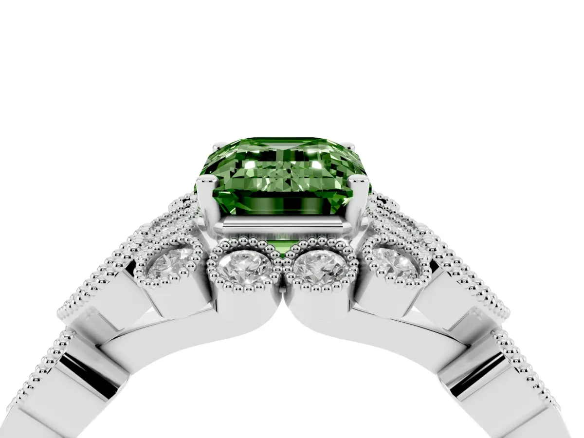 Fancy Green Emerald Cut Brilliant Milgrain Pave Heart Band Solitaire Ring Silver