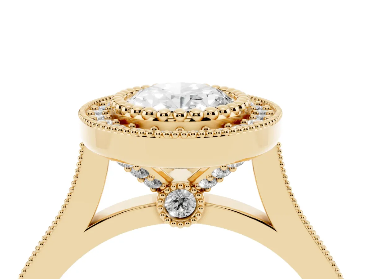 Oval Cut Diamond Halo Ring with Milgrain Frame and Pavé Band Yellow gold