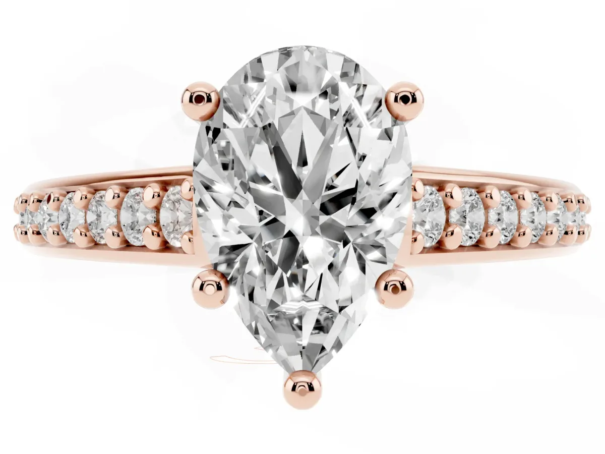Pear Cut Solitaire Prong Set Diamond Engagement Ring with Pave Band Rose gold