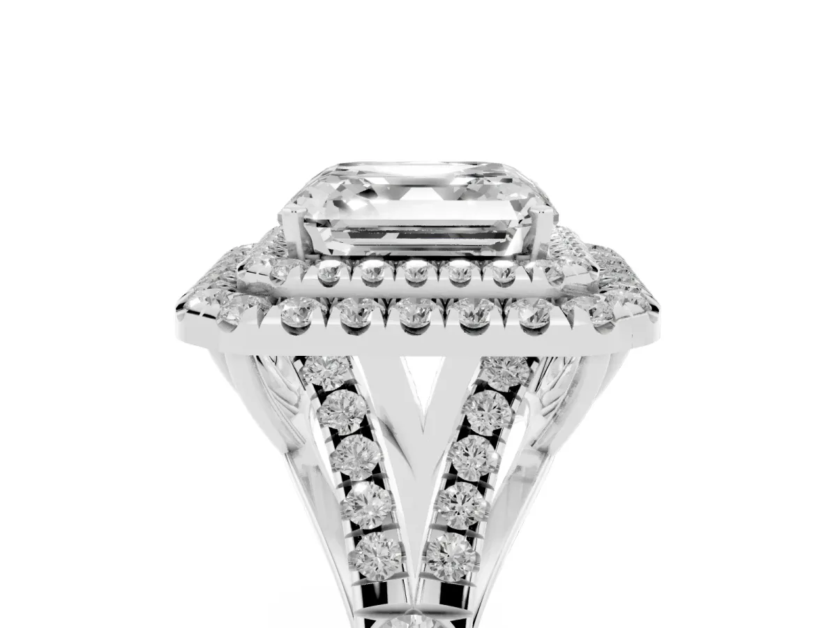 Asscher Cut Cut Double Halo Split Shank Diamond Ring with Prong Setting Silver