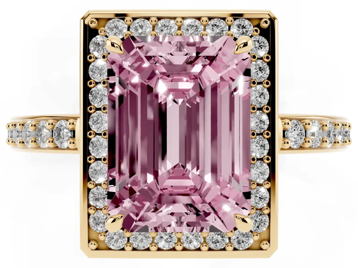 Fancy Pink Emerald Cut Halo Pave Band Solitaire Ring with Prong Setting Yellow gold