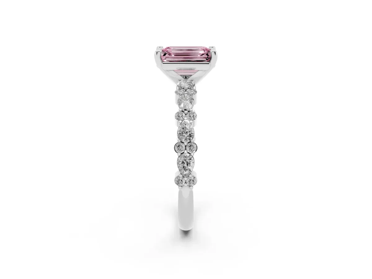 Fancy Pink Emerald Cut Diamond Side Stone Solitaire Ring with Round and Four-Prong Setting Platinum