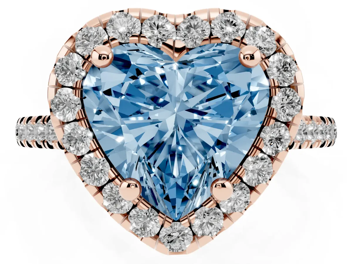 Fancy Blue Heart Cut Diamond Cushion Halo Ring with Pavé Band Rose gold