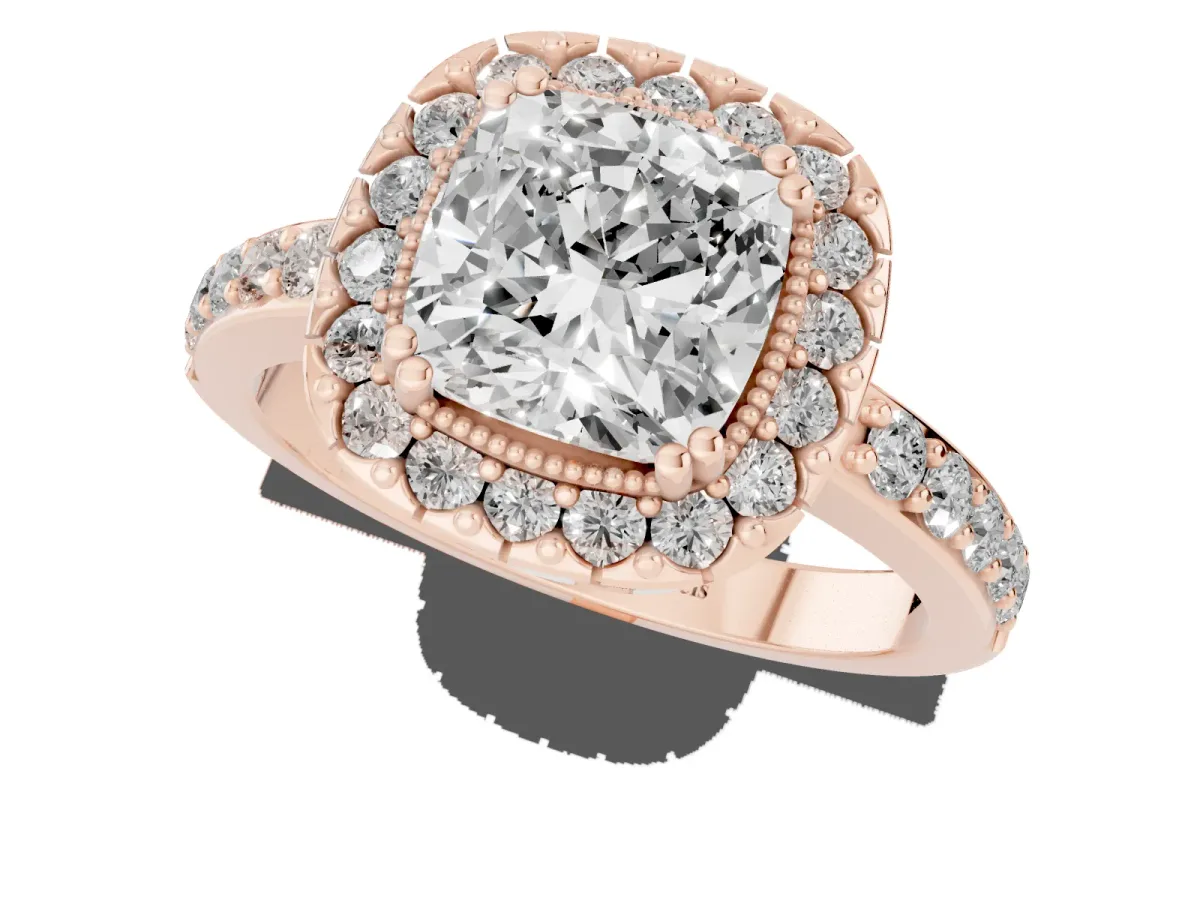 Cushion Cut Diamond Halo Ring with Pavé Band and Prong Setting Rose gold