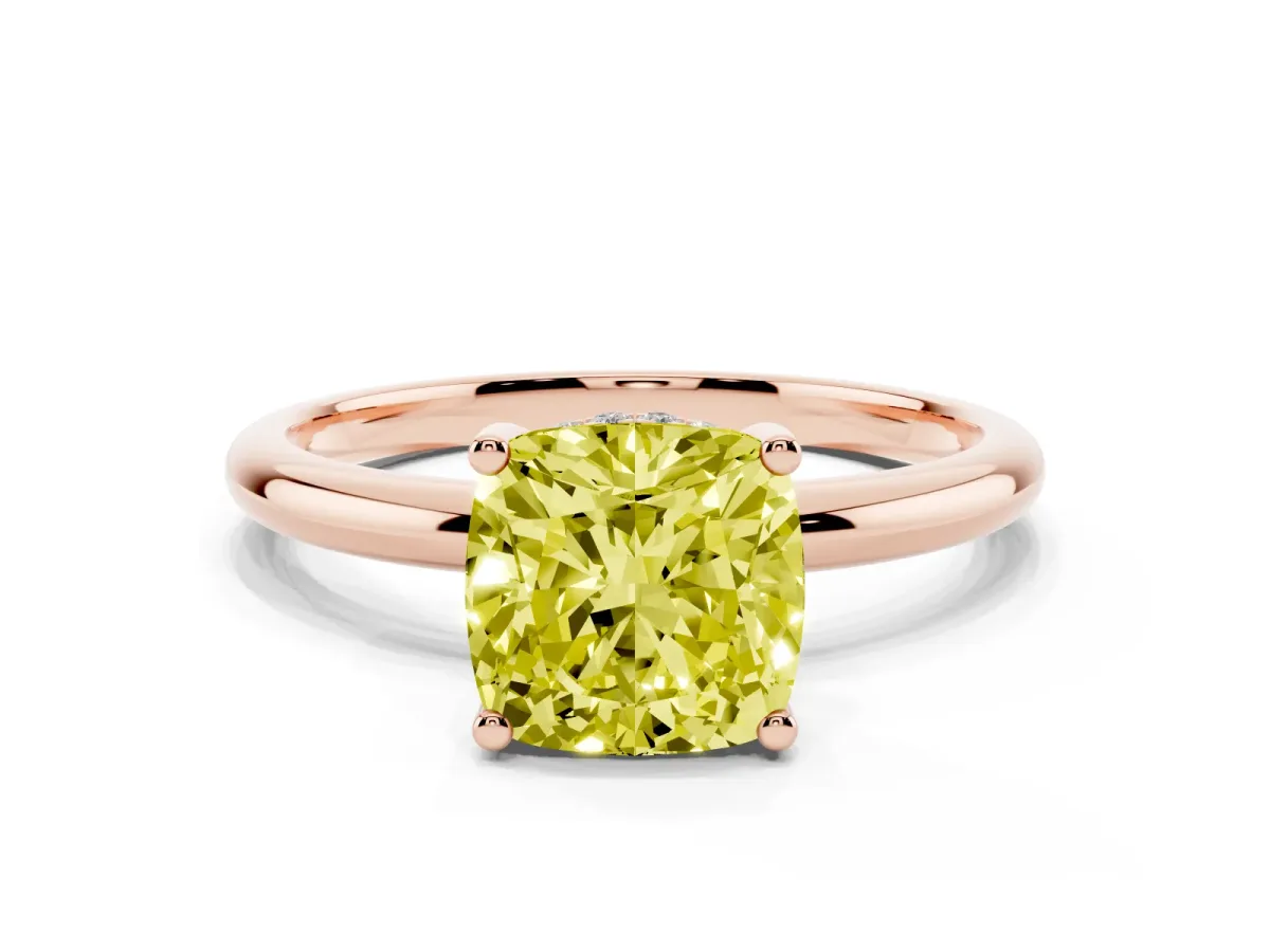 Fancy Yellow Cushion Cut Cut Solitaire Engagement Ring with Four-Prong Setting and Classic Band Rose gold