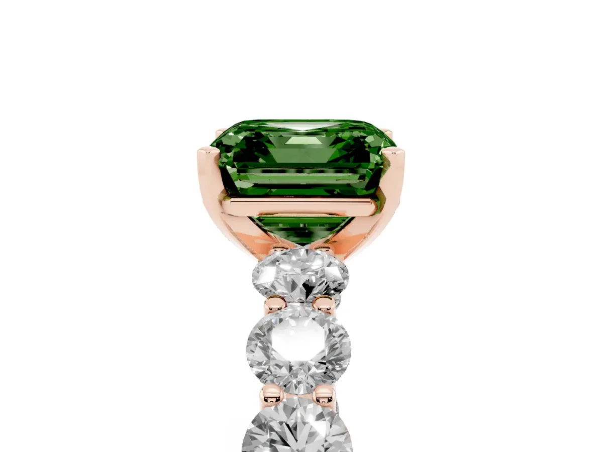 Fancy Green Asscher Cut Diamond Prong Setting with Side Stones on a Pave Band Rose gold