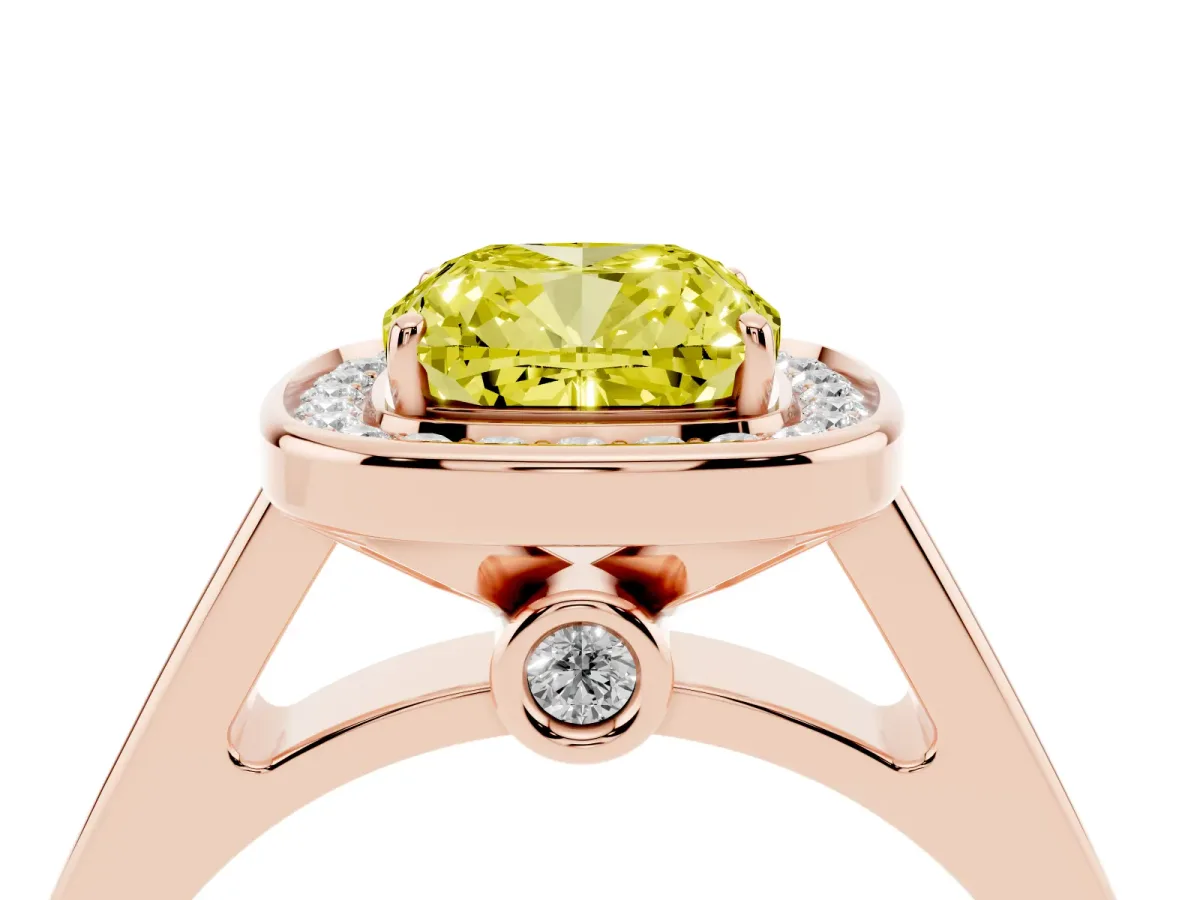 Fancy Yellow Cushion Cut Halo Solitaire Diamond Ring with Pave Band and Bezel Setting Rose gold