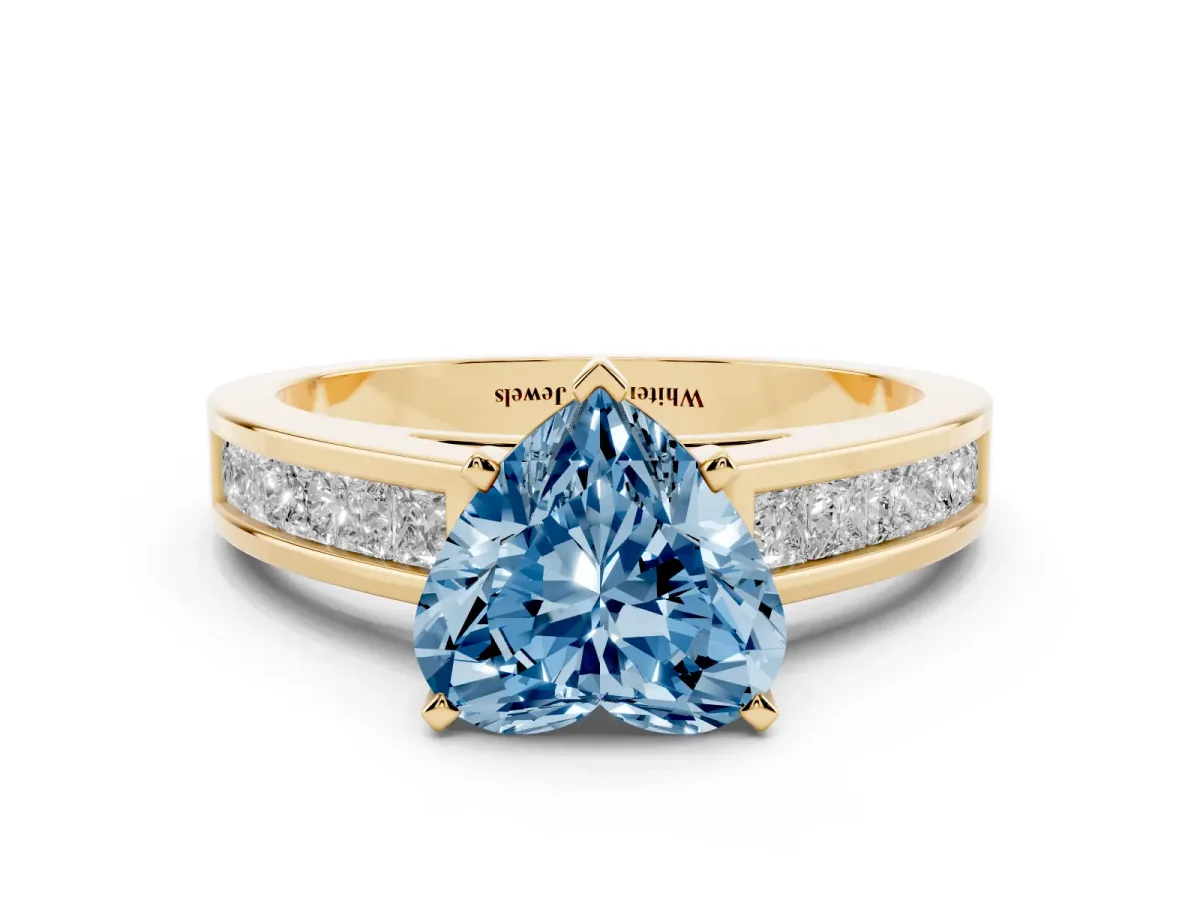 Fancy Blue Heart Cut Solitaire Diamond Ring with Channel-Set Band and Four-Prong Setting Yellow gold