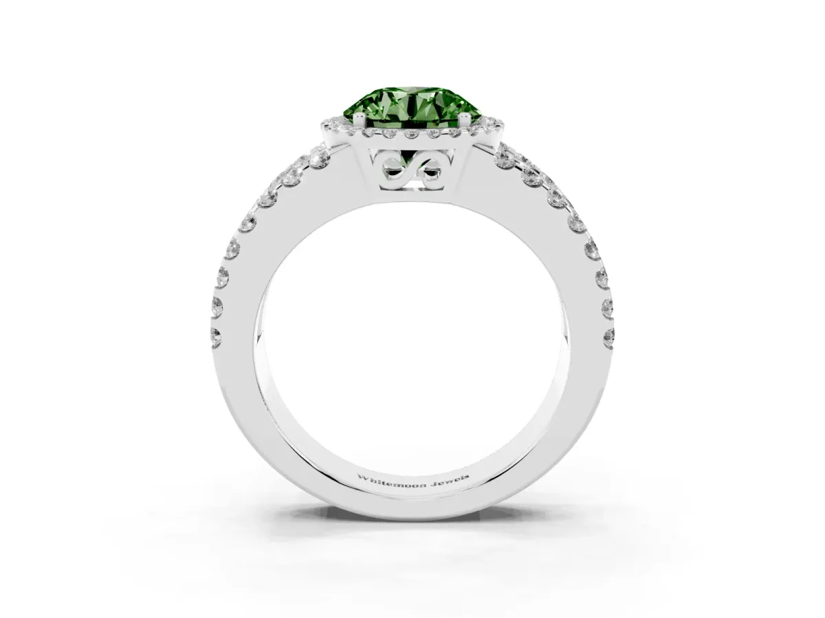 Fancy Green Round Cut Cut Halo Split Shank Diamond Ring with Four-Prong Setting Platinum