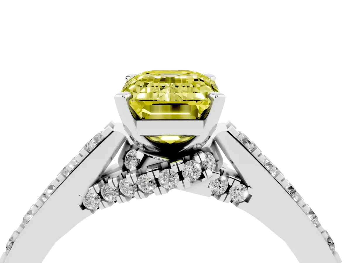 Fancy Yellow Emerald Cut Diamond Solitaire Ring with Crossover Gallery and Round Pavé Band Silver
