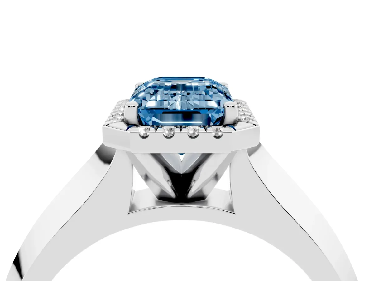 Fancy Blue Emerald Cut Halo Diamond Ring with Cathedral Band and Four-Prong Setting Silver