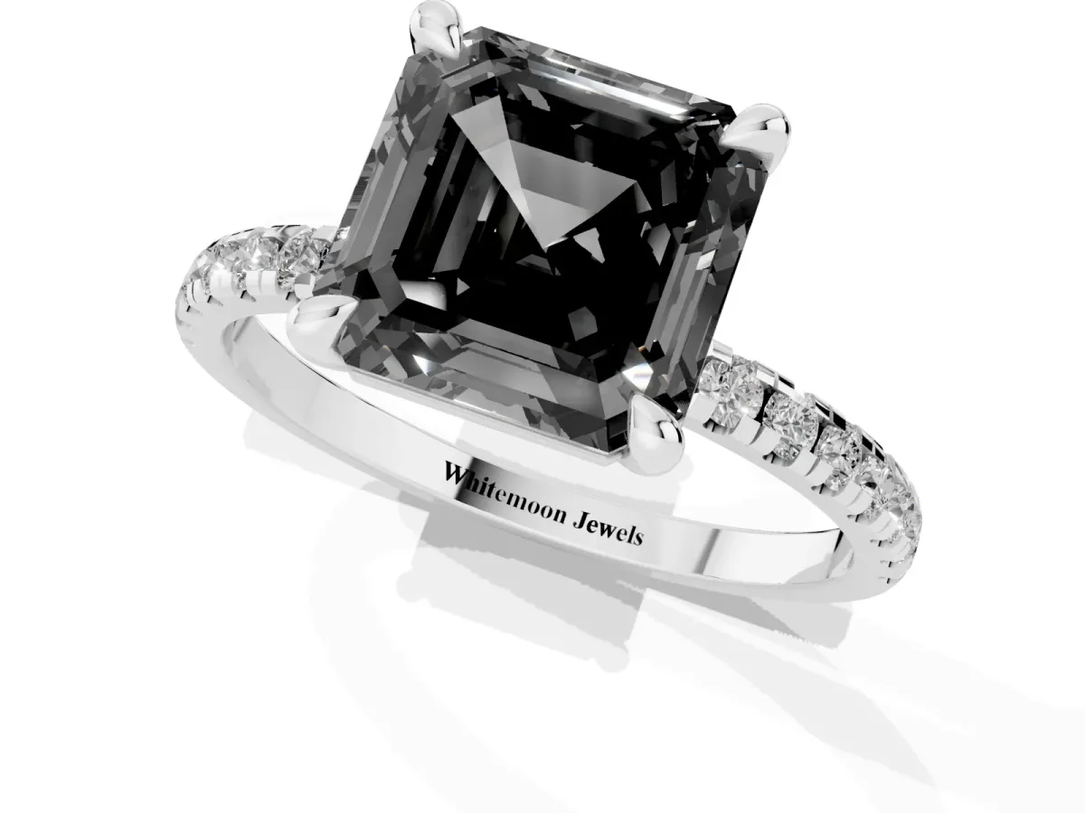 Fancy Black Asscher Cut Diamond Brilliant Solitaire Ring with Pavé Band and Four-Prong Setting Platinum