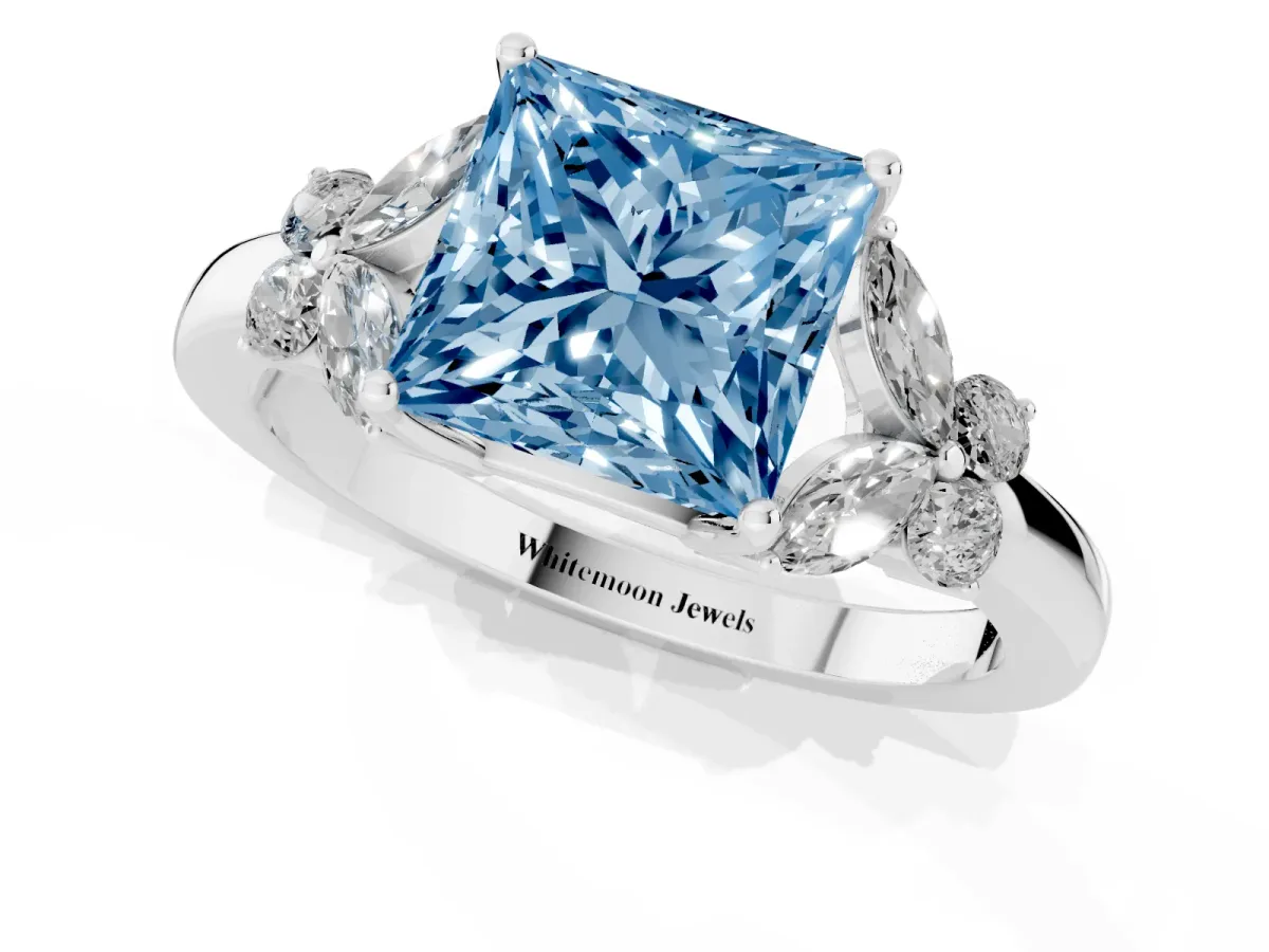 Fancy Blue Princess Cut Cut Solitaire Floral Diamond Ring with Four-Prong Setting Silver