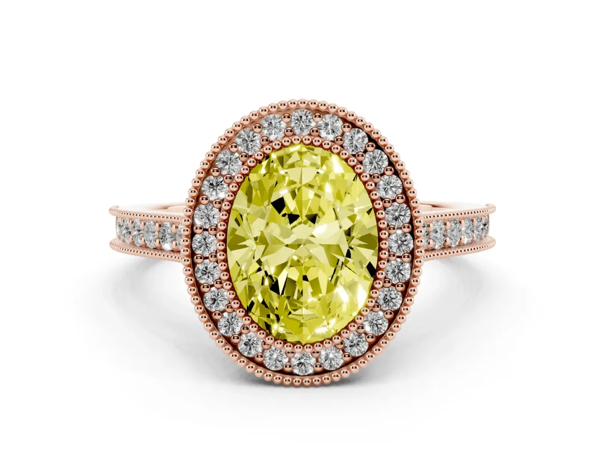 Fancy Yellow Halo Oval Cut-Cut Diamond Pave Band Milgrain Prong Setting Ring Rose gold