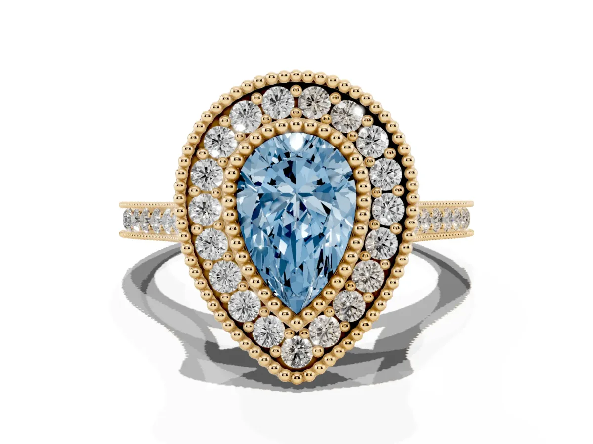 Fancy Blue Pear Cut Diamond Halo Ring with Milgrain Frame and Pavé Band Yellow gold