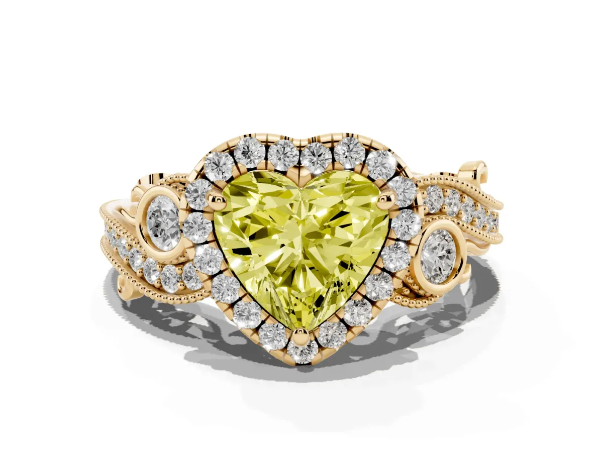 Fancy Yellow Heart Cut Halo Diamond Ring with Milgrain and Bezel Accents on a Split Shank Band Yellow gold