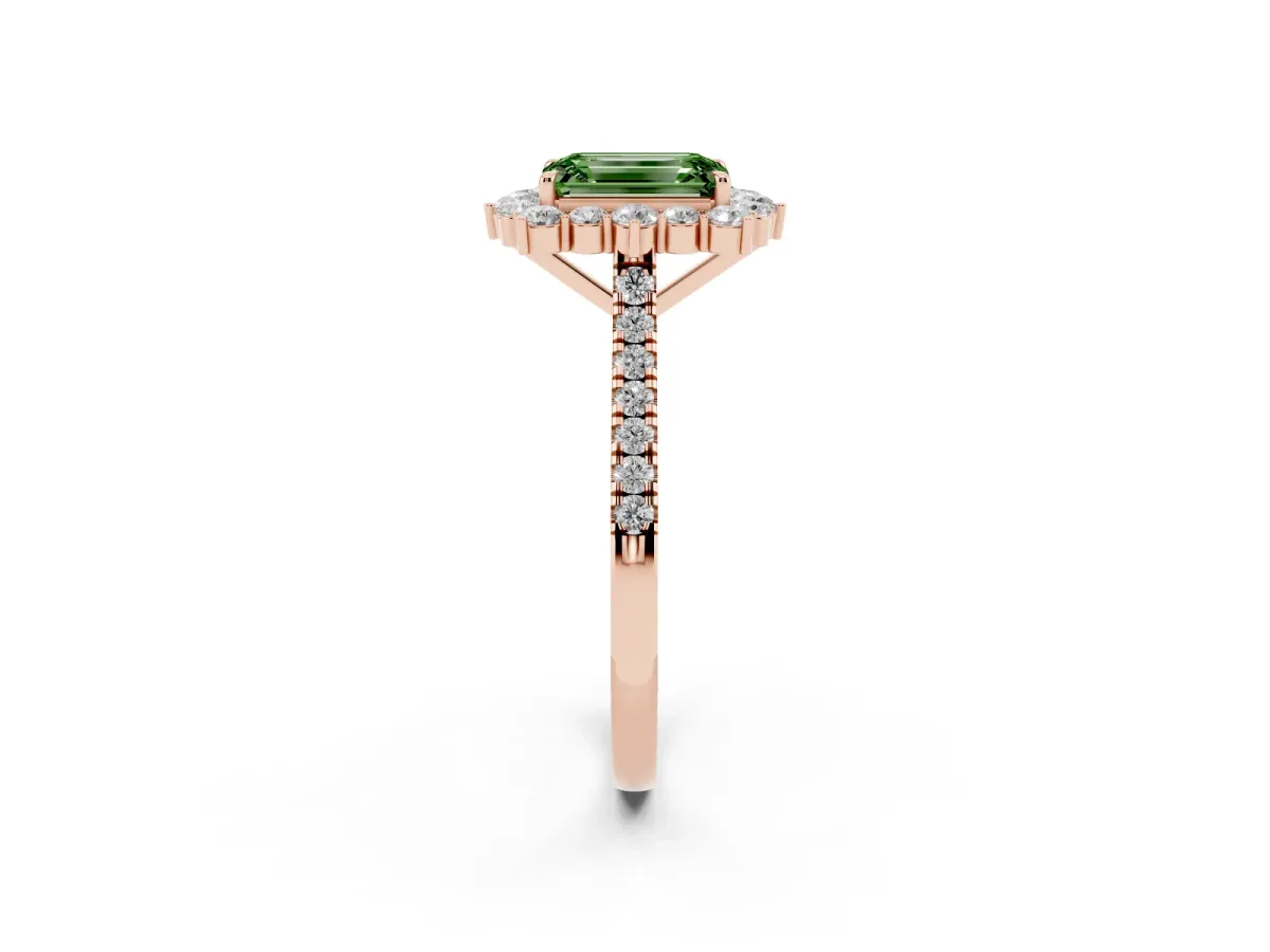 Fancy Green Emerald Cut Halo Diamond Ring with Pavé Band and Prong Setting Rose gold