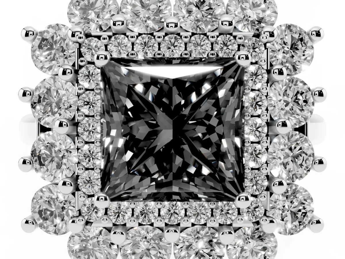 Fancy Black Princess Cut Diamond Floral Double Halo Engagement Ring with Prong Setting Silver