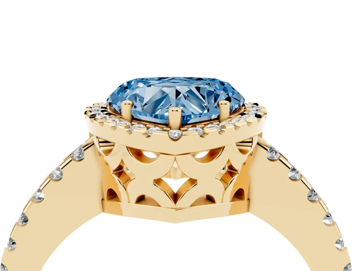 Fancy Blue Heart Cut Diamond Halo Engagement Ring with Pavé Band and Prong Setting Yellow gold