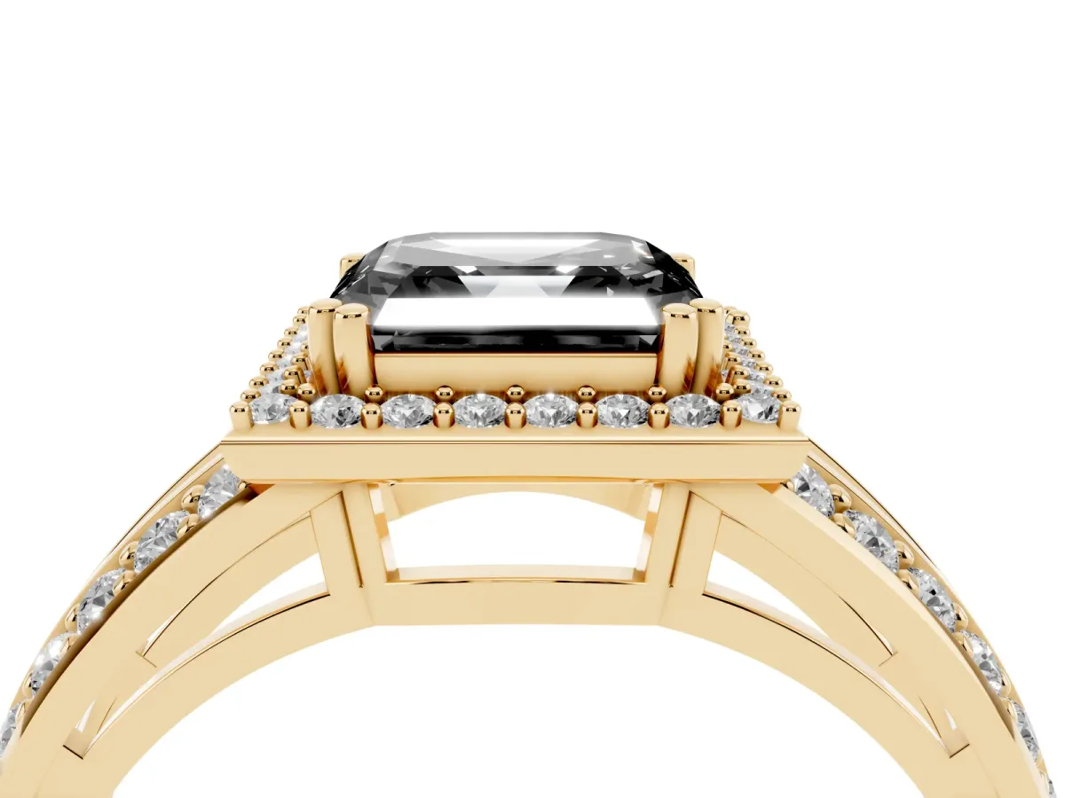 Fancy Black Asscher Cut Diamond Halo Ring with Split Shank Pavé Band and Four-Prong Setting Yellow gold