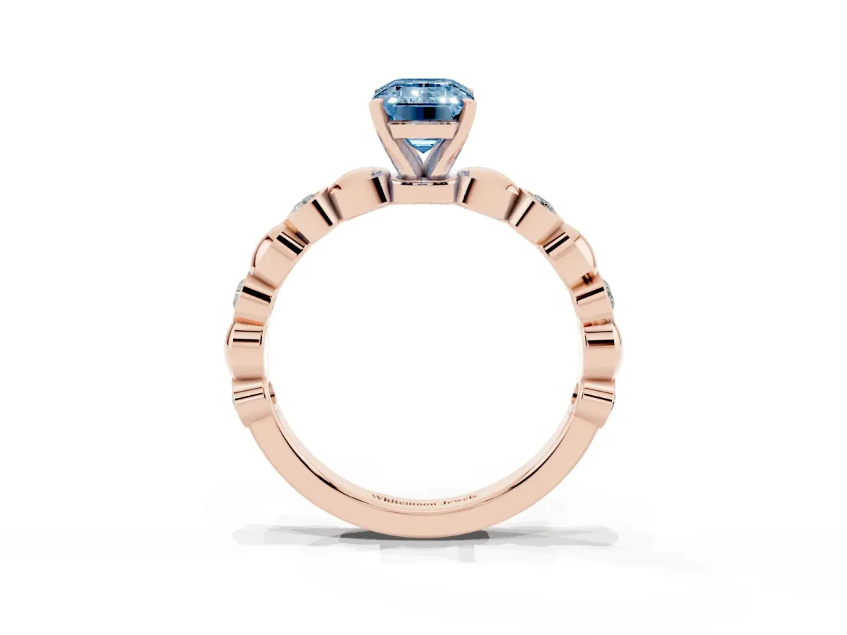 Fancy Blue Emerald Cut Solitaire Bezel-Set Diamond Ring with Beaded Band and Four-Prong Setting Rose gold