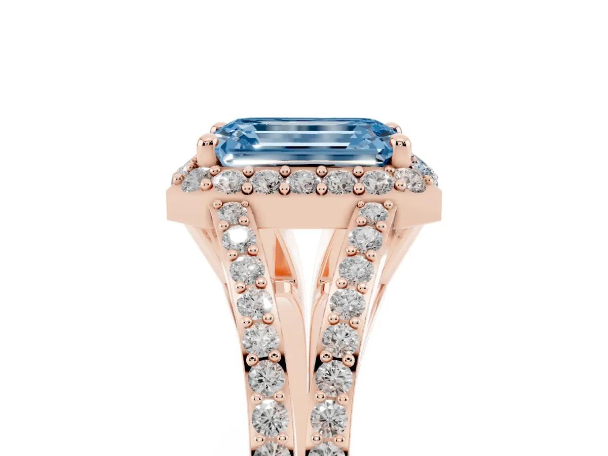 Fancy Blue Emerald Cut Halo Split Shank Pave Diamond Ring with Four-Prong Setting Rose gold