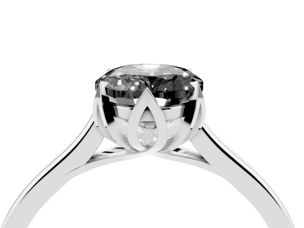 Fancy Black Oval Cut Diamond Solitaire Ring with Flower Prong Setting and Classic Band Silver