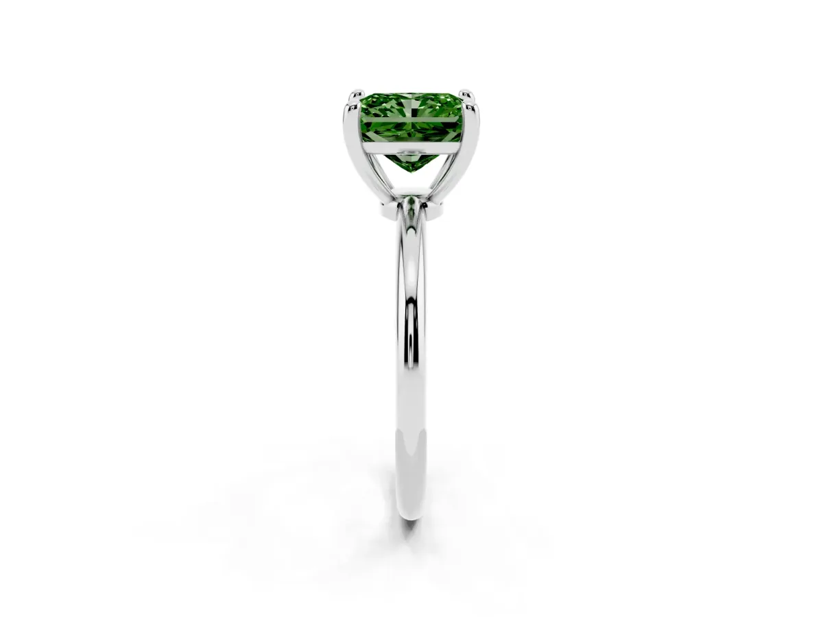 Fancy Green Radiant Cut Solitaire Diamond Ring with 4-Prong Setting on a Classic Band Silver