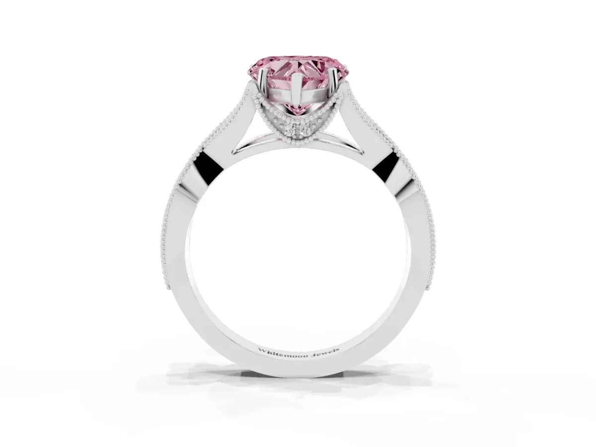 Fancy Pink Heart Cut Cut Diamond Twisted Band with Milgrain Pave Setting and Four-Prong Setting Silver