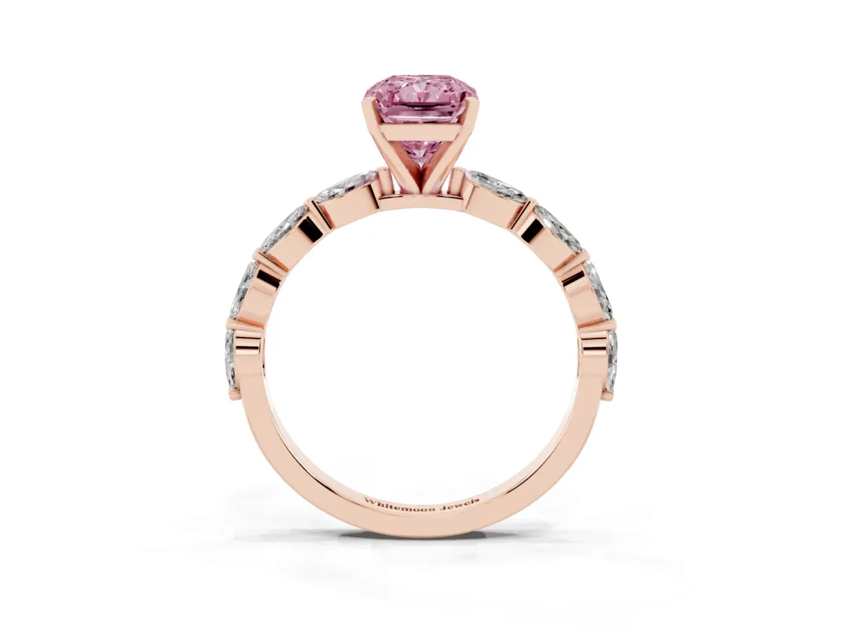 Fancy Pink Radiant Cut Diamond Ring with Marquise Side Stones and Prong Setting Rose gold