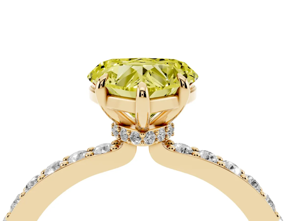 Fancy Yellow Heart Cut Diamond Pavé Engagement Ring with Round Accents and Prong Setting Yellow gold