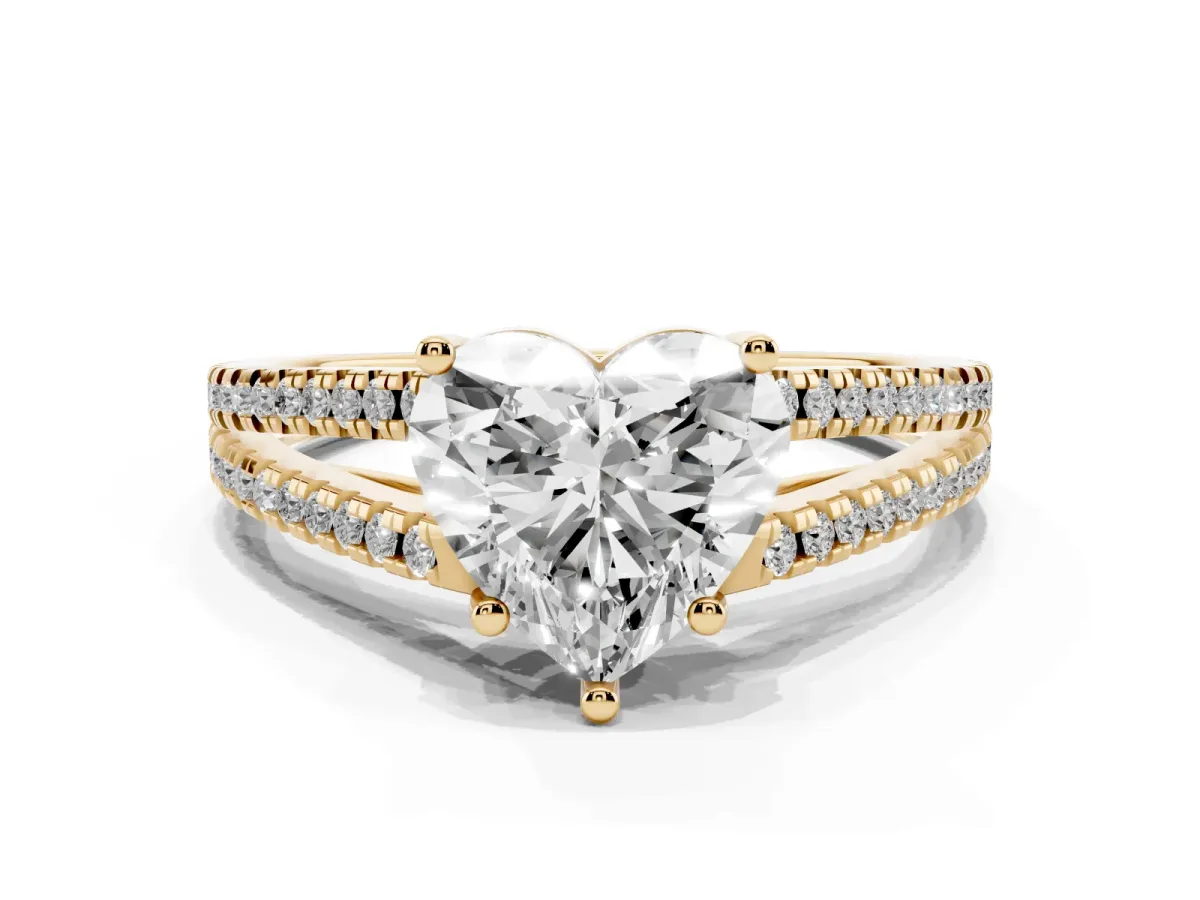 Heart Cut Diamond Solitaire Engagement Ring with Split Shank Pavé Band Yellow gold