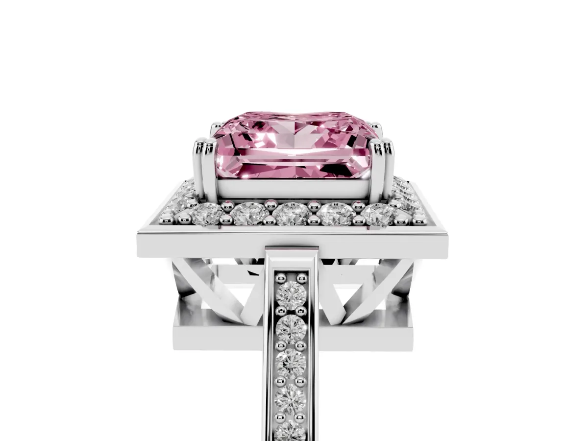 Fancy Pink Princess Cut Diamond Halo Ring with Split Shank and Four-Prong Setting Silver