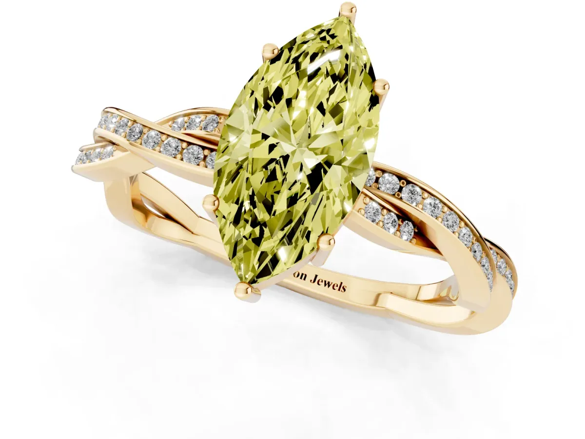 Fancy Yellow Marquise Cut Solitaire Twisted Pave Diamond Ring with Four-Prong Setting Yellow gold