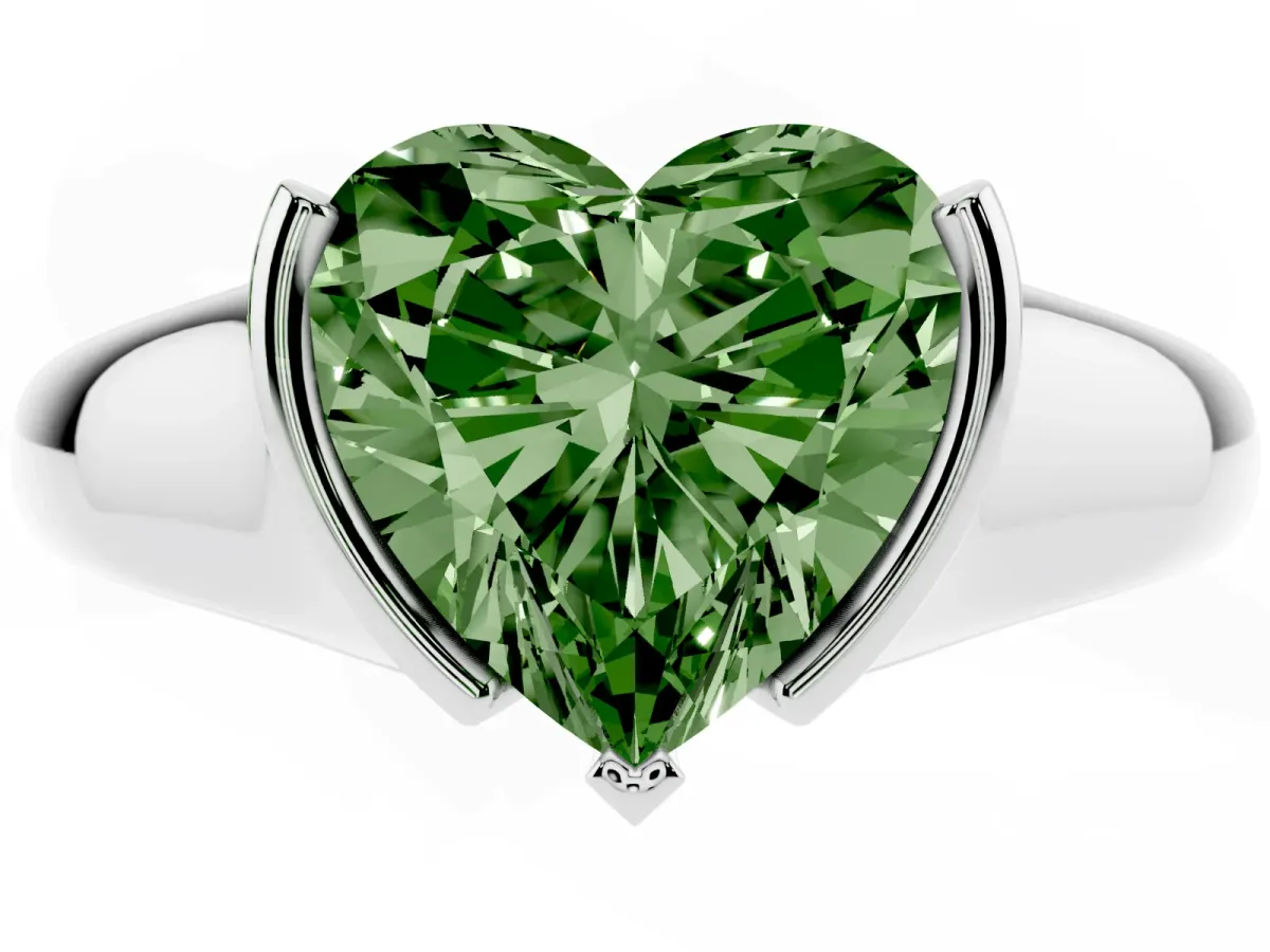Fancy Green Heart Cut Solitaire Tension Set Diamond Ring with Split Shank Band Silver