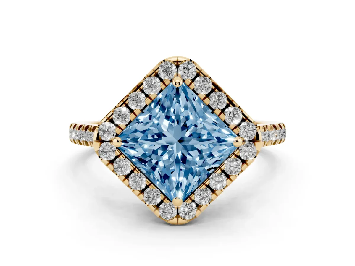 Fancy Blue Princess Cut Diamond Cushion Halo Ring with Pavé Band Yellow gold