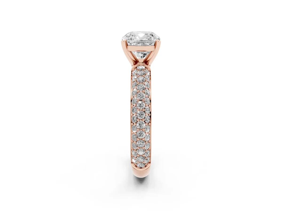 Cushion Cut Diamond Solitaire Ring with Prong Setting and Pavé Band Rose gold